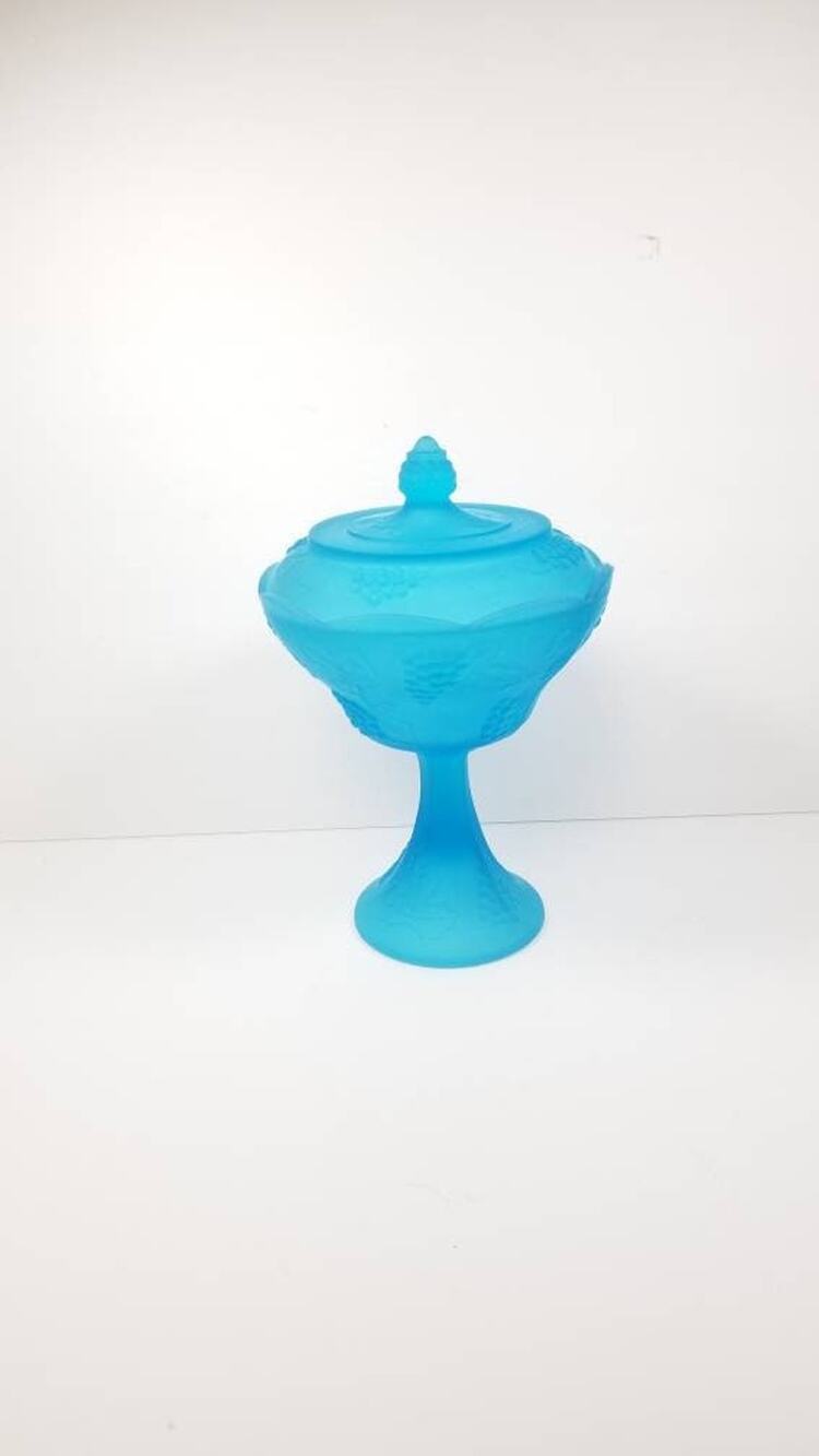 Vintage Colony Blue Satin Glass Wedding Bowl with Lid Harvest Grape Compote